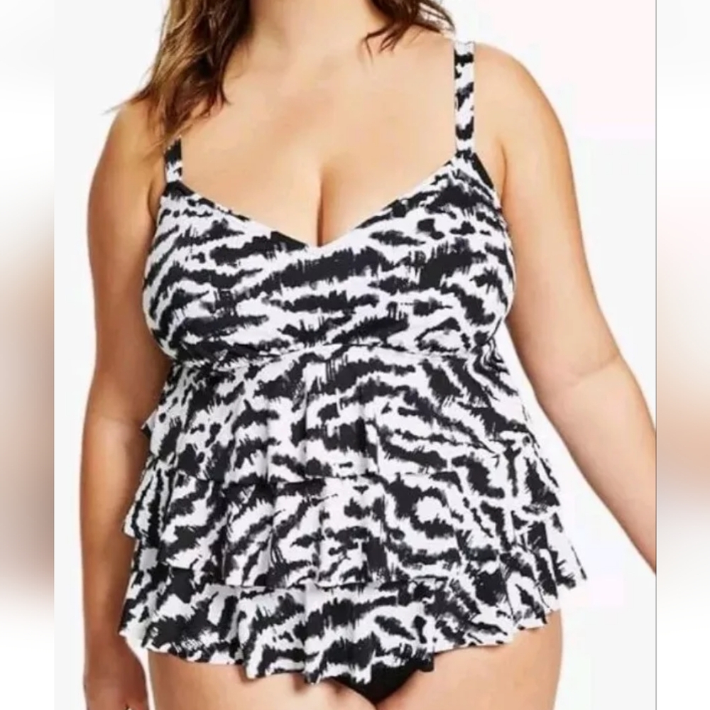 Swim Solutions Tummy Control V-neck One Pc Swimsuit Woman Plus 24W Black Tiered